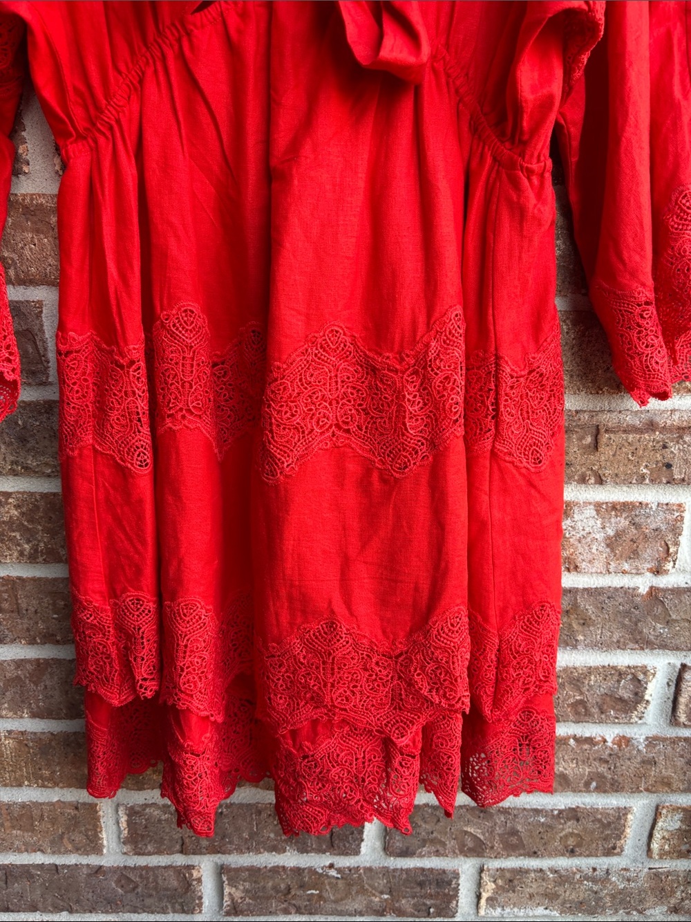 FARM Rio Red Mini Dress with Lace Trim tie front - Picture 6 of 10